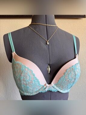 Victorias Secret Dream Angels Push Up Bra Teal Blue Tan 32D 32 D